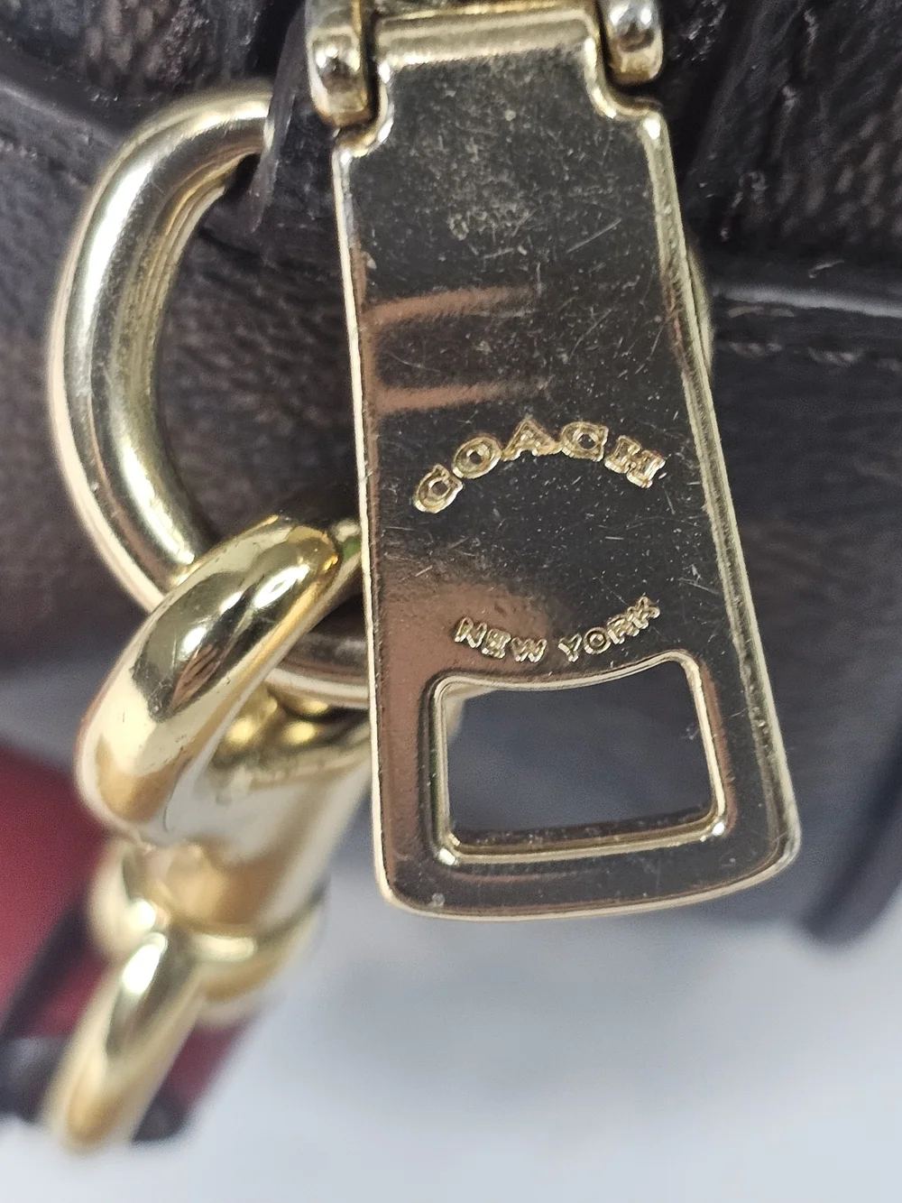Coach Brown Signature Mini Crossbody with Red Strap